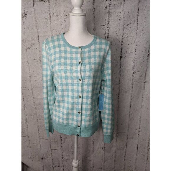 Draper James RSVP Turquoise Gingham Button up Cardigan Sz L Large NWT - Picture 2 of 10